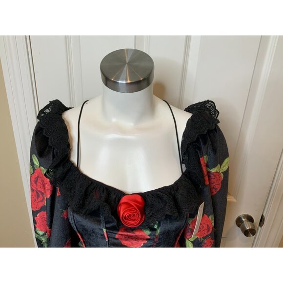 For Love & Lemons Black Red Rose Velvet Yara Top NWT $189 Size Medium - Picture 6 of 11